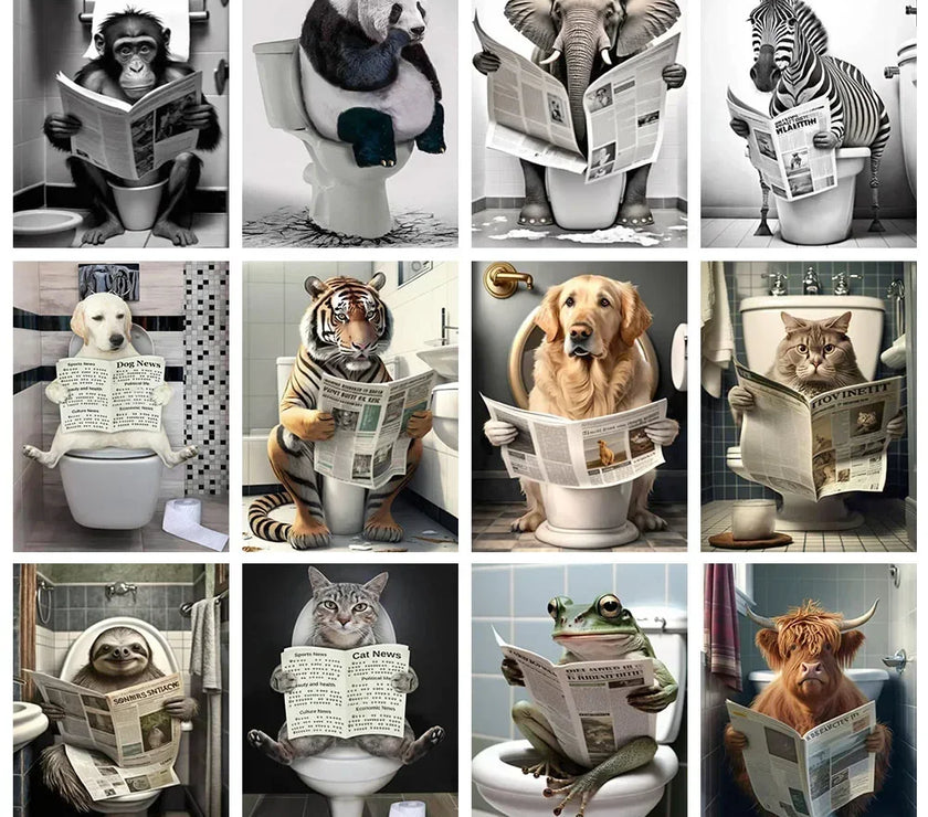 5D DIY Diamond Painting Cat Lion Tiger Toilet Reading Newspapers Diamond Mosaic Funny Bathroom Animal Embroidery Art Decoration