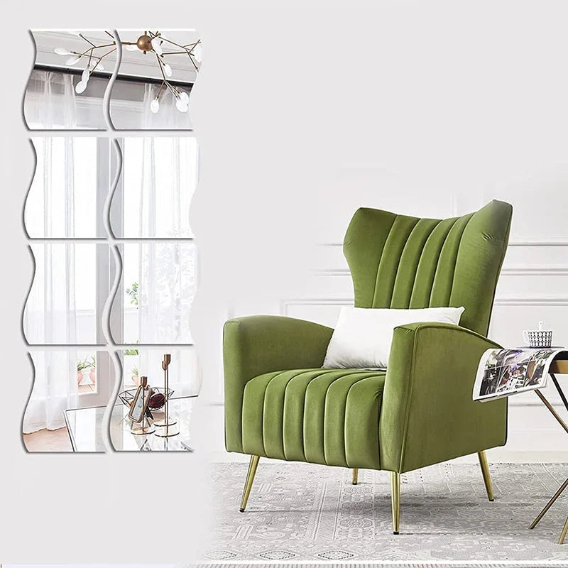 Adhesive Acrylic Mirror Wall Sticker DIY Art Mirror Creative Wave Shape Bathroom Living Room Decor