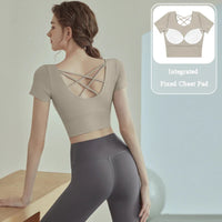 Cup Sports Crop Tops Gym Top Pilates Workout Top Fitness Active Wear Crisscross Back Shirt