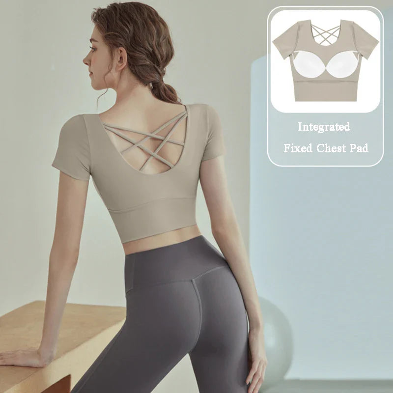 Cup Sports Crop Tops Gym Top Pilates Workout Top Fitness Active Wear Crisscross Back Shirt