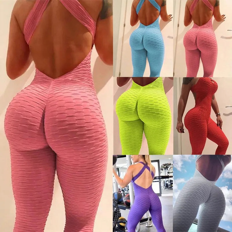 sexy backless jumpsuits women solid fitness push