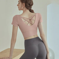 Cup Sports Crop Tops Gym Top Pilates Workout Top Fitness Active Wear Crisscross Back Shirt