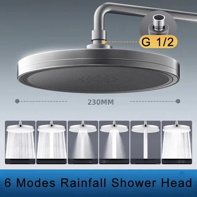 6 Modes Big Panel Large Flow Supercharge Rainfall Shower Head High Pressure Top Rain Shower Faucet Bathroom Accessories
