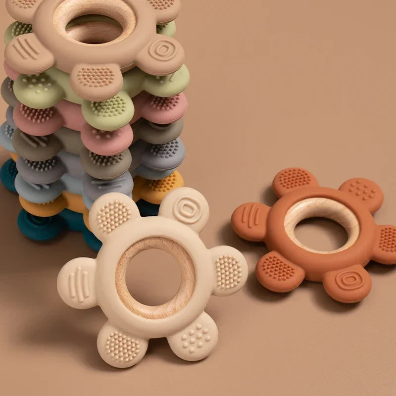 1PC Baby Silicone Teether Toy BPA Free Infant Wooden Ring Health Care Teething Chewing Toys Newborn Gifts
