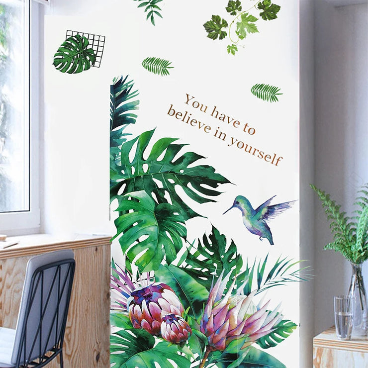Removable Tropical Leaves Flowers Wall Stickers Home Living Room Decorative Green Leaves Plants DIY Sticker Wallpaper Supplies 7