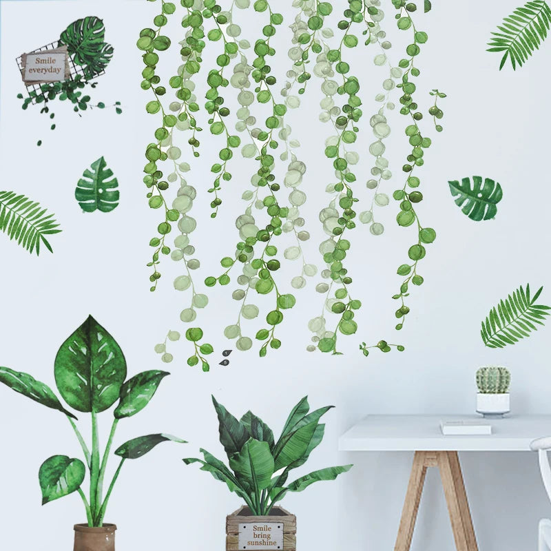 Removable Tropical Leaves Flowers Wall Stickers Home Living Room Decorative Green Leaves Plants DIY Sticker Wallpaper Supplies 7