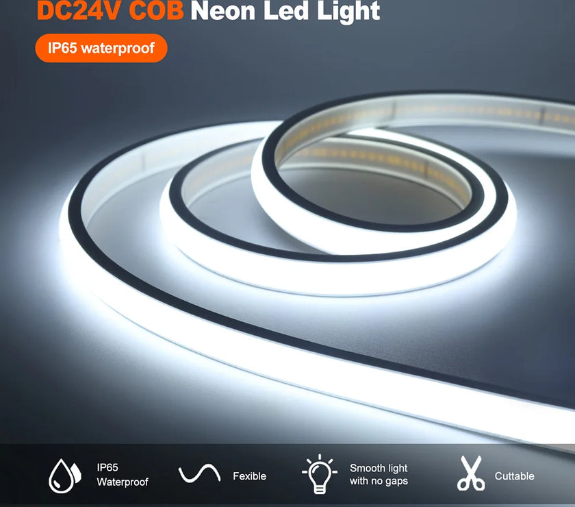 IP68 Waterproof COB LED Neon Strip Light 12V 24V Dimmable 320 LEDs Flexible Ribbon High Density Linear Lighting Home Decoration