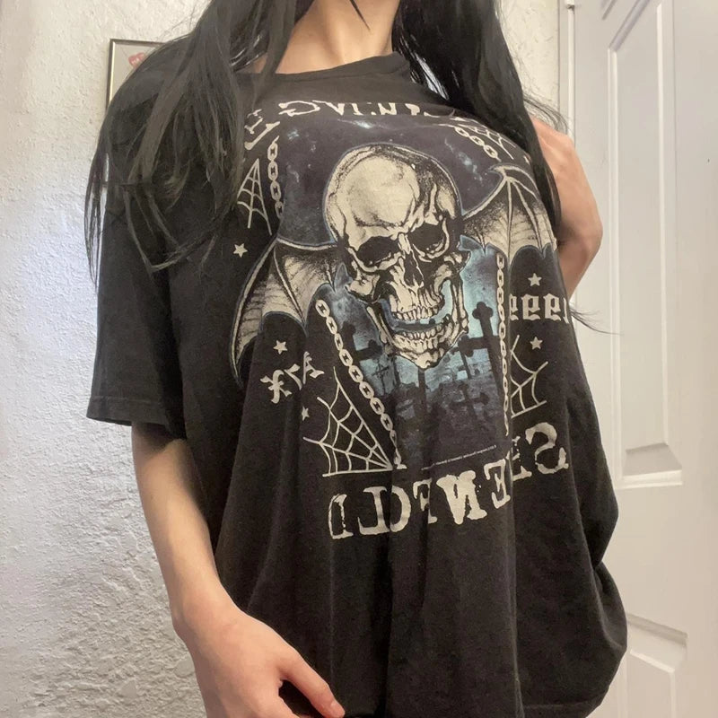 Punk Harajuku Grunge Short Sleeve Loose Tees E-girl Gothic Skulls Graphic Print T-shirt Y2K Aesthetic Vintage Pullovers Tops