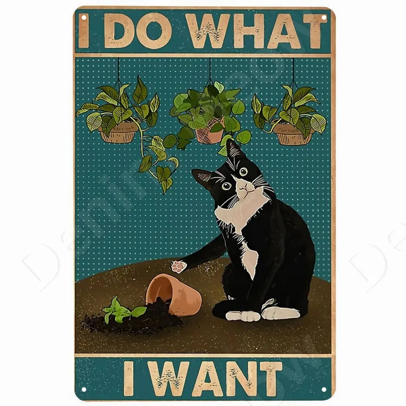 Happy Retro Tin Sign Tuxedo Cat Metal Sign Golfing Cat Plaque Poster Home Cafe Bar Bathroom Wall Decor