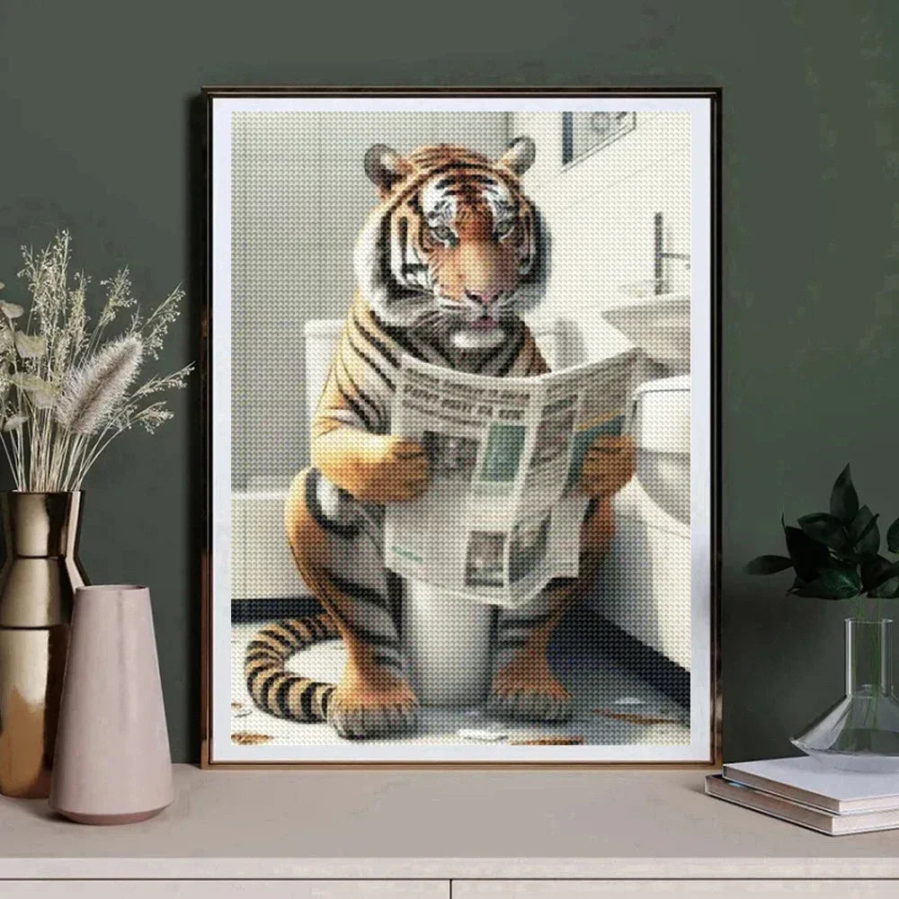 5D DIY Diamond Painting Cat Lion Tiger Toilet Reading Newspapers Diamond Mosaic Funny Bathroom Animal Embroidery Art Decoration