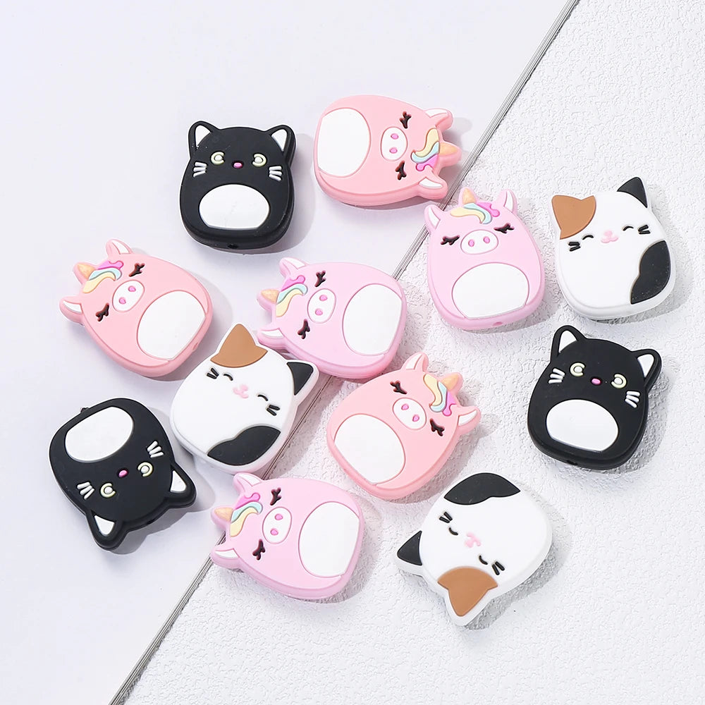 10Pcs New Silicone Beads Cartoon Cute Pig Cat Animal Focal Loose Beads Baby Nursing Chewable Teether DIY Keychain Accessories