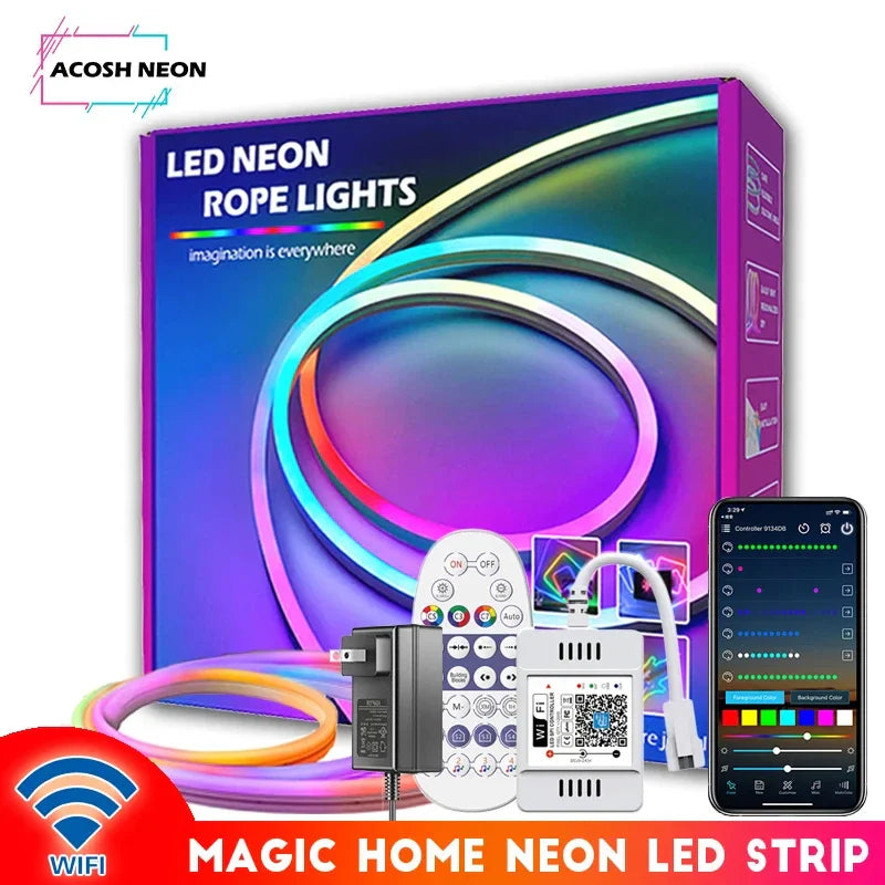 8ft 10M WIFI RGBIC Neon Rope Light 24V Magic Home LED Strip Lights
